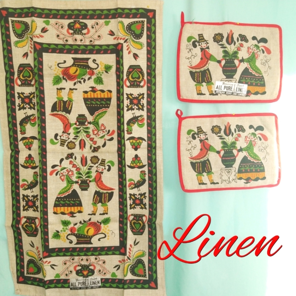 Vintage Linen Dutch potholder textiles Parisian Prints NWT folk art bundle